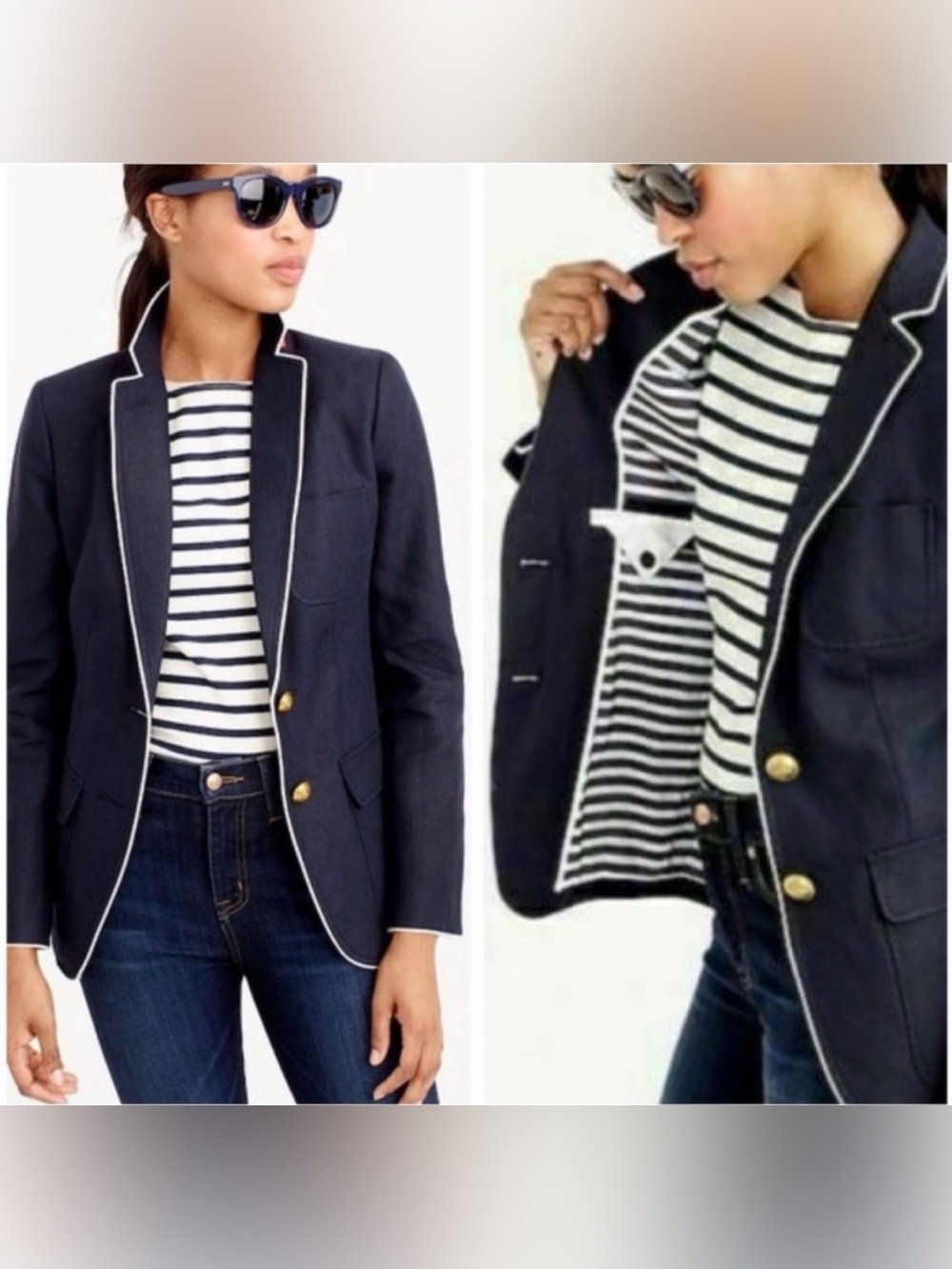 J.‎ Crew Rhodes Tipped Linen Nautical 2 Button Blazer in Navy Blue Size 6
